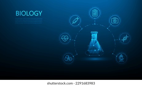 tecnología de ciencia biología digital con ícono sobre fondo azul. tecnología de hospital de tubos de ensayo. salud y atención médica. ilustración vectorial diseño digital fantástico. 