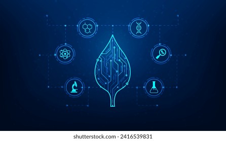 Biologie, Wissenschaft und Technologie-Schnittstelle mit Symbol auf blauem Hintergrund. Blatt Biochemie digital im Wissenschaftslabor. Genetik und DNA in Pflanzen. Vektorgrafik fantastisches High-Tech-Design. 