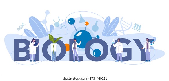 Biologische Wissenschaft typografisches Header Konzept. Wissenschaftler erstellen Laboranalysen des Lebenssystems und lebender Organismen. Idee von Bildung und Experiment. Vector-Illustration im Karikaturenstil