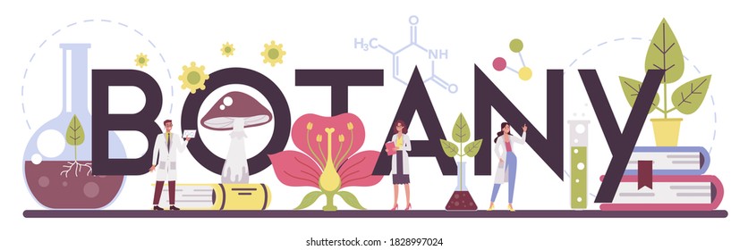 Biology science typographic header. Scientist make laboratory analysis of life system and living organisms. Idea of education and experiment. Botany. Vector illustration