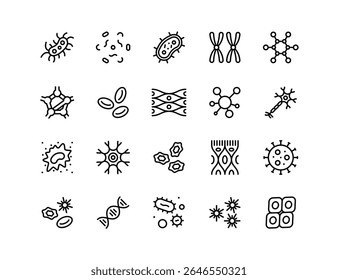 Conjunto de iconos de Vector de biología y Ciencia: bacterias, virus, ADN, moléculas, células, neuronas, células sanguíneas, células madre, cromosomas, leucocitos, eritrocitos, trombocitos, médicos, de laboratorio