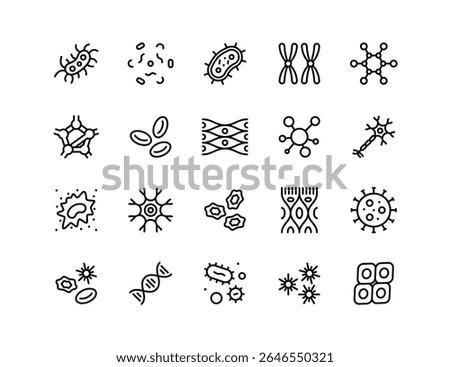 Biology and Science Vector Icon Set – Bacteria, Virus, DNA, Molecule, Cells, Neurons, Blood Cells, Stem Cells, Chromosomes, Leukocyte, Erythrocyte, Thrombocyte, Medical, Laboratory