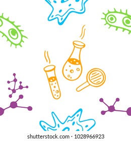 Biology science. Vector seamless pattern. Colorful illustration. School, scientific theme. Background