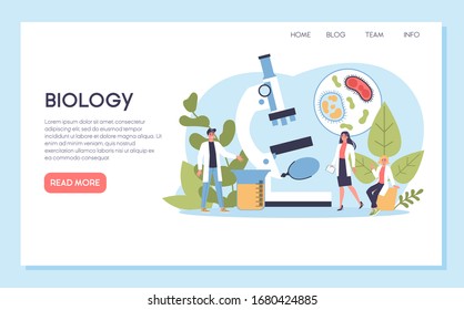 Biology science web banner or landing page. People with microscope make laboratory analysis. Idea of education and experiment. Vector illustration in cartoon style