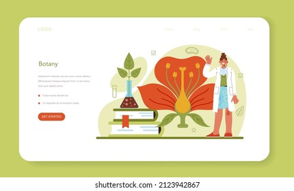 Biology science web banner or landing page. Scientist make laboratory analysis of life system and living organisms. Botany researcher. Flat vector illustration