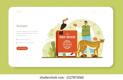 Biology science web banner or landing page. Scientist make laboratory analysis of life system and living organisms. Zoology researcher. Flat vector illustration