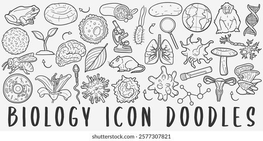 Biology Sciences Doodle Icons. Hand Drawn Made Line Art. Lab Biologist Clipart Symbol Design.