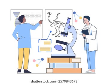 Biology scientists concept. Two men in medical uniform with microscope. Scientific research in laboratory. Study of cell structure. Science and medicine. Linear vector illustration