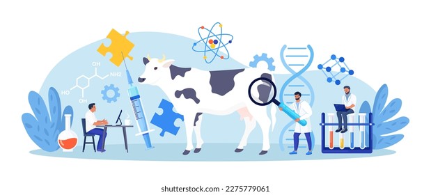 Biology scientists doing research cow dna. Genetically modified animals. Gene technology. Bioengineering. People doing experiments in lab with animal. Veterinary worker making test and analysis