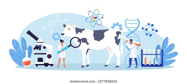 Biology scientists doing research cow dna. Genetically modified animals. Gene technology. Bioengineering. People doing experiments in lab with animal. Veterinary worker making test and analysis