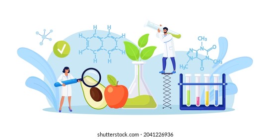 Biology scientists doing research on fruits, vegetables. People cultivating plants in lab. Food additives study. Genetic engineering. Genetically modified foods, gene technology. Vector illustration