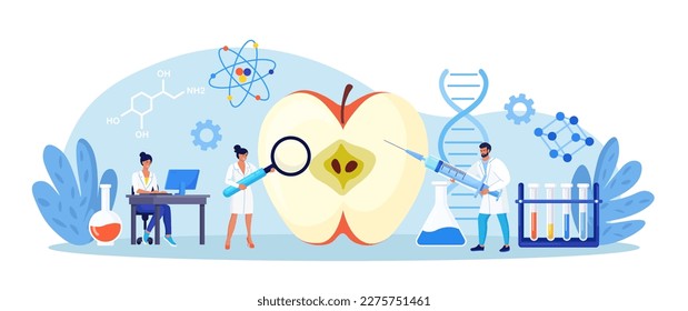 Biology scientists doing research on fruits, vegetables. Genetically modified plants, foods, gmo farming. Gene technology. Bioengineering. People in uniform perform experiment with fruit in laboratory