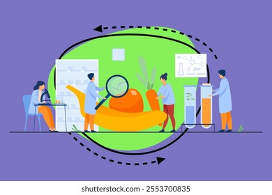 Biology scientists doing research on fruits. People cultivating plants in lab. Vector illustration for gmo food, agriculture, science concept