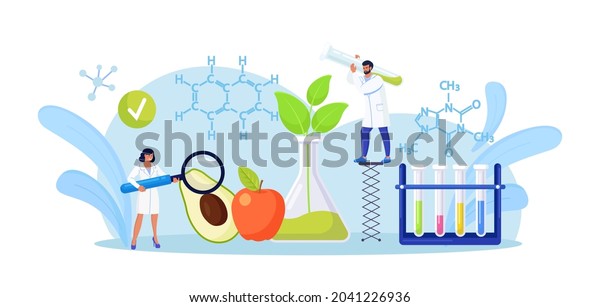 Biology scientists doing research on fruits,\
vegetables. People cultivating plants in lab. Food additives study.\
Genetic engineering. Genetically modified foods, gene technology.\
Vector illustration