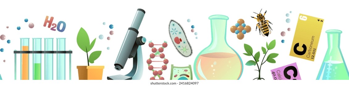 Biology. Seamlessly horizontal composition. Isolated on white background. Funny cartoon style. Picture vector