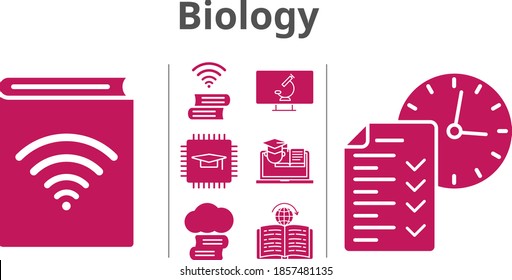 biology set. included cloud library, audiobook, chip, test, book, training, learning, microscope icons. filled styles.