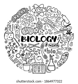 Biología. Conjunto de elementos de estilo de doodle dibujados a mano vectorial. Concepto redondeado de microorganismos, células, plantas, instrumentos de investigación aislados en fondo blanco.
