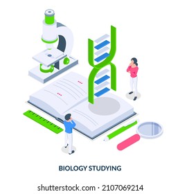 Konzept der Biologie-Studie Die Menschen stehen vor einem Mikroskop, einem Buch und einem DNA-Symbol. Vektorgrafik im isometrischen Stil. Isometrische Vektorgrafik auf weißem Hintergrund.