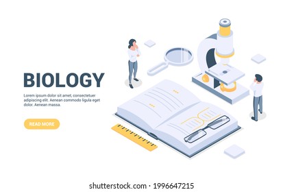 Biology study concept. Pupils stand in front of a microscope and a biology book. Vector illustration in isometric style. Isolated on white background