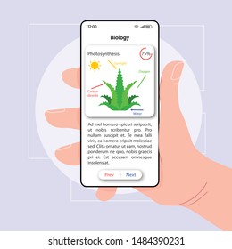 Biology study smartphone interface vector template. Mobile app page white design layout. Photosynthesis explanation screen. Flat UI for application. Hand holding phone with nature science on display