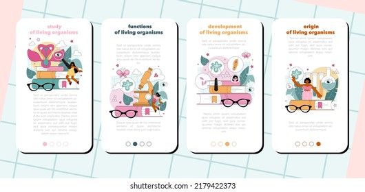 Biology subject mobile application banner set. Students exploring nature and living organism origin, structure and development. Idea of academic education. Flat vector illustration