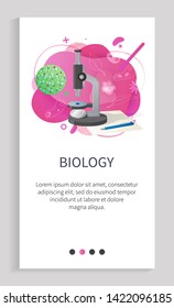 Biology subject in school vector, university discipline microscope studying bacteria and small microelements and microorganisms application slider. Website slider app template, landing page flat style