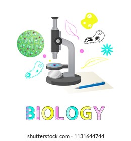Biology subject studies poster with microscope device. Analyzing organisms in closeup. Researches of genes, scientific expertise vector illustration