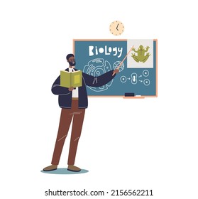 Biology teacher at blackboard explaining nature science lesson. School pedagogue man at chalkboard. Education, science and presentation on black chalk board concept. Cartoon flat vector illustration
