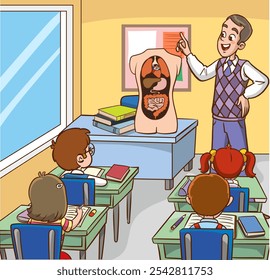 Biology Teacher Engages Curious Kids in Class, Developing Love for Science as They Explore Human Organs Through Interactive Lessons and Hands-on Experiments. Vector Illustration