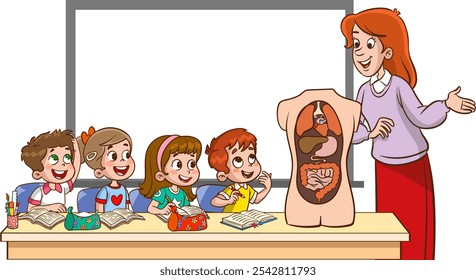 Biology Teacher Engages Curious Kids in Class, Developing Love for Science as They Explore Human Organs Through Interactive Lessons and Hands-on Experiments. Vector Illustration