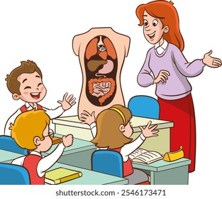 Biology Teacher Engages Curious Kids in Class, Developing Love for Science as They Explore Human Organs Through Interactive Lessons and Hands-on Experiments. Vector Illustration