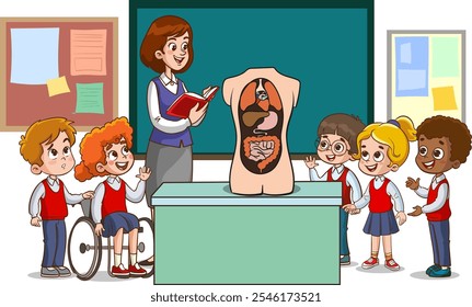 Biology Teacher Engages Curious Kids in Class, Developing Love for Science as They Explore Human Organs Through Interactive Lessons and Hands-on Experiments. Vector Illustration