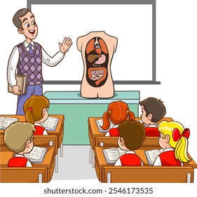 Biology Teacher Engages Curious Kids in Class, Developing Love for Science as They Explore Human Organs Through Interactive Lessons and Hands-on Experiments. Vector Illustration