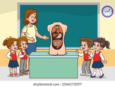 Biology Teacher Engages Curious Kids in Class, Developing Love for Science as They Explore Human Organs Through Interactive Lessons and Hands-on Experiments. Vector Illustration