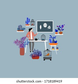 Biology teacher flat vector illustration. Biology lesson. School theme. Women hold pointer in her hand. Potted flowers and bird cages.
