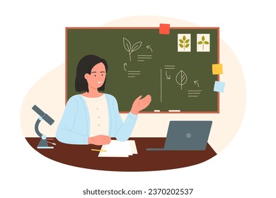 Profesora de biología sentada en mesa con microscopio y portátil en la ilustración del vector del tablero verde escolar. Joven caricaturista explicando el material de estudio a los estudiantes, hoja de planta dibujada en pizarra