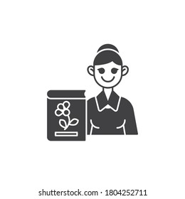 Biology teacher vector icon. filled flat sign for mobile concept and web design. Woman teacher with biology book glyph icon. Symbol, logo illustration. Vector graphics