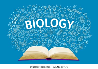 Libro de texto de biología sobre los antecedentes escolares en el pizarrón, libro de educación vectorial. Clases de biología abren libros de texto con molécula de ADN de doodle tiza, células de microorganismo y microscopio para estudios de ciencias estudiantiles