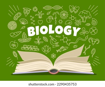 Biology textbook, symbols and icons on school board. Vector science and education background with sketch chalk DNA, plant molecule and chromosome, cell theory, microscope and open book on blackboard