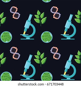 Biology themed seamless pattern with microscopes, dna molecules, plants and leaves structure. Back to school collection, part 1. Cartoon vector illustration in flat style. 