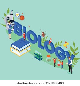 Biology typographic header isometric 3d vector illustration concept - Scientist exploring nature. Idea of education and experiment