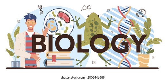 Biology typographic header. Students exploring nature and living organism structure. Anatomy and botany lesson. Academic education. Vector illustration in cartoon style