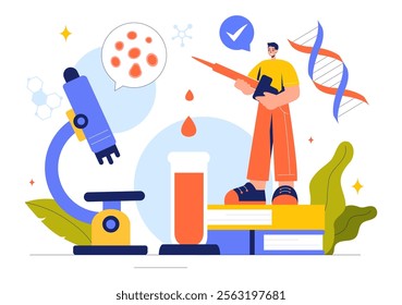 Biology Vector Illustration featuring DNA Gene Molecule, Virus, Genetic Biotechnology, Chemistry, Genome, and Science in a Flat Style Background