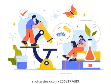 Biology Vector Illustration featuring DNA Gene Molecule, Virus, Genetic Biotechnology, Chemistry, Genome, and Science in a Flat Style Background