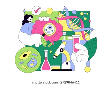 Biology Vector Illustration Featuring DNA Gene Molecule, Virus, Genetic Biotechnology, Chemistry, Genome, And Science Flat Style Background