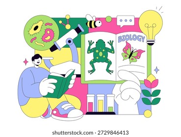 Biology Vector Illustration Featuring DNA Gene Molecule, Virus, Genetic Biotechnology, Chemistry, Genome, And Science Flat Style Background
