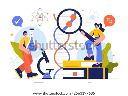Biology Vector Illustration featuring DNA Gene Molecule, Virus, Genetic Biotechnology, Chemistry, Genome, and Science in a Flat Style Background