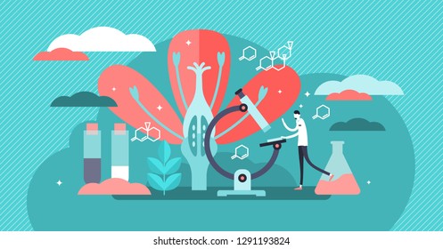 Biology vector illustration. Flat tiny nature science study person concept. Research molecular life closeup. Knowledge about environment objects, animals and plants. Experimental tests in laboratory.