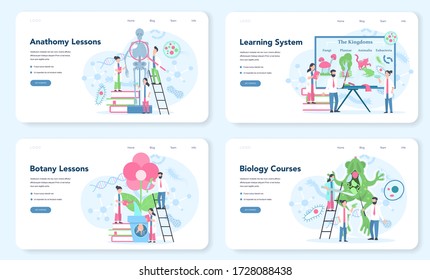 Biology web banner or landing page set. Scientist exploring human and nature. Anatomy and botany lesson. Idea of education and experiment. Vector illustration in cartoon style