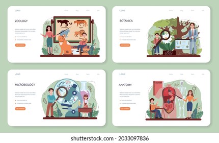 Biology web banner or landing page set. Students exploring nature and living organism structure. Idea of academic education. Botany, zoology, microbiology, human anatomy. Vector flact illustration